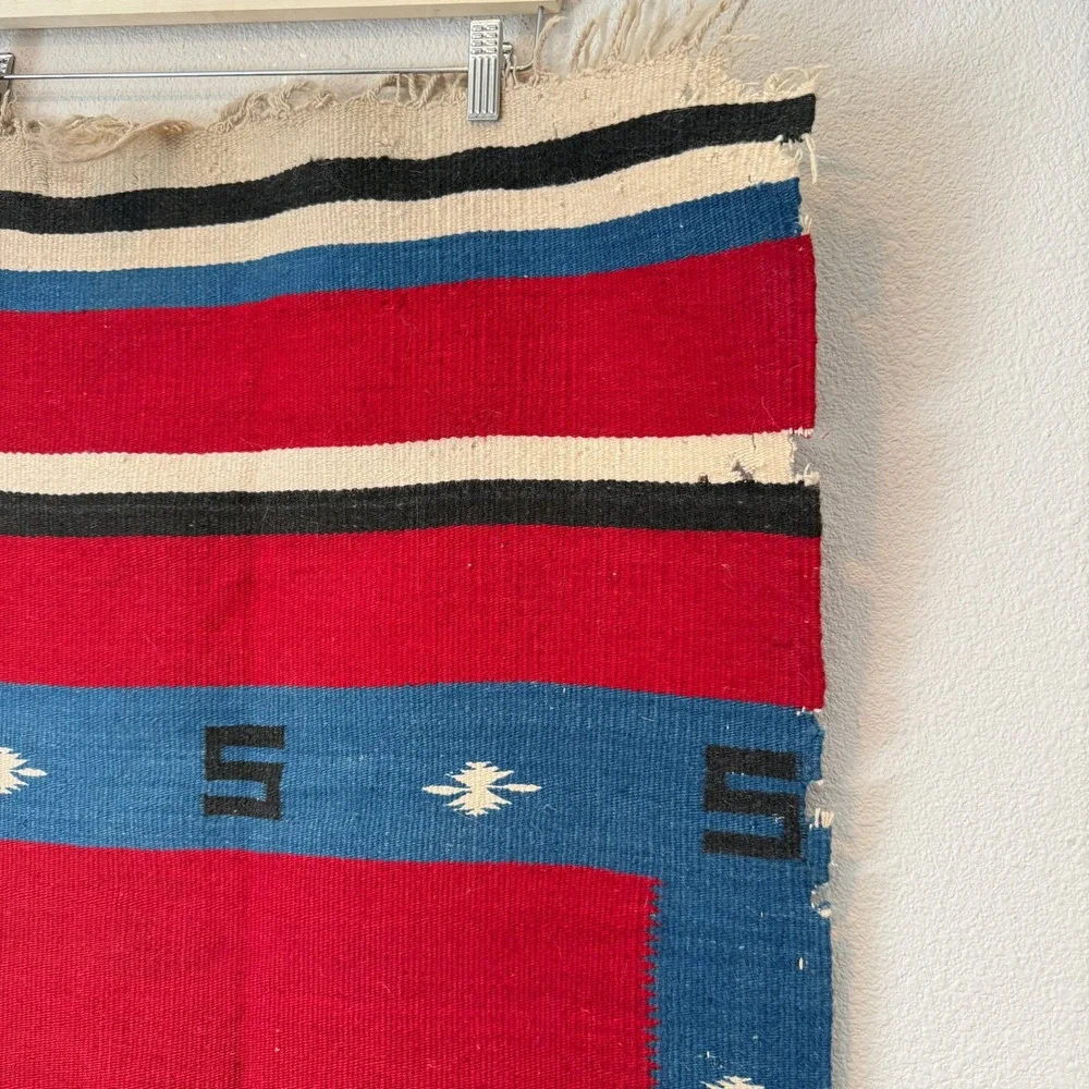 Vintage Southwestern Handwoven Wool Rug Red Blue Geometric Tribal Wall Hanging